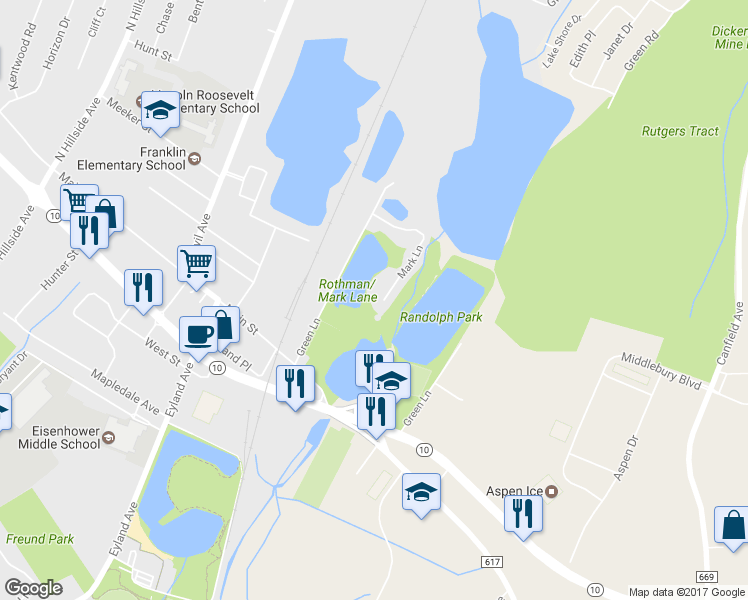 map of restaurants, bars, coffee shops, grocery stores, and more near 12 Mark Lane in Roxbury Township