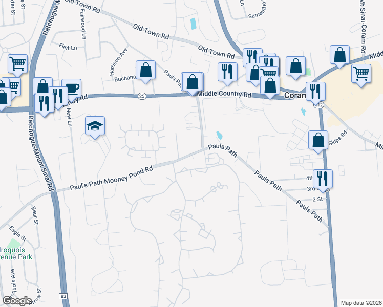 map of restaurants, bars, coffee shops, grocery stores, and more near 19 Mooney Pond Road in Coram
