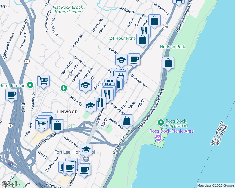 map of restaurants, bars, coffee shops, grocery stores, and more near 2475 5th Street in Fort Lee