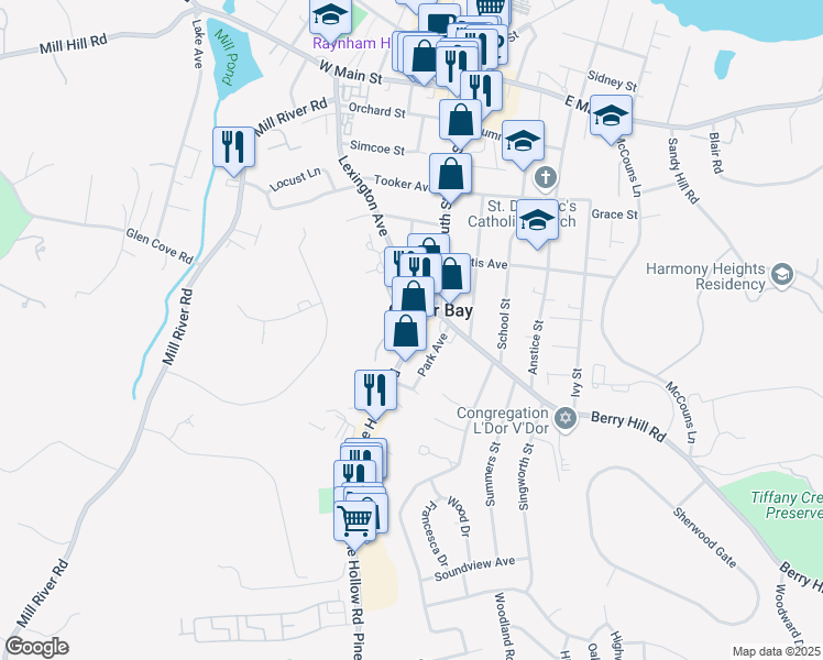 map of restaurants, bars, coffee shops, grocery stores, and more near 29 Pine Hollow Road in Oyster Bay