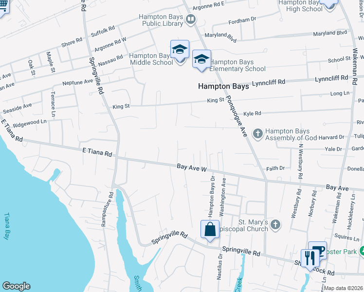 map of restaurants, bars, coffee shops, grocery stores, and more near 29 Bay Avenue West in Hampton Bays