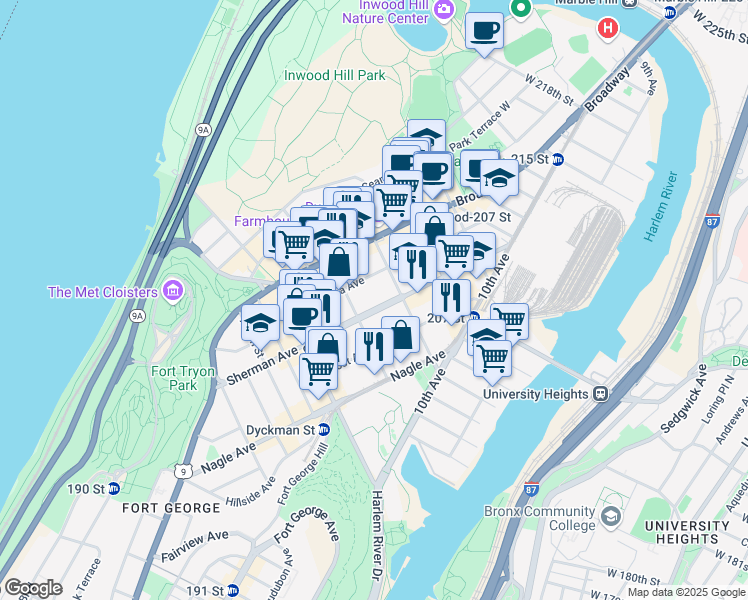 map of restaurants, bars, coffee shops, grocery stores, and more near 160 Sherman Avenue in New York