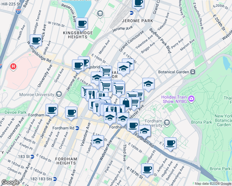 map of restaurants, bars, coffee shops, grocery stores, and more near 265 East 194th Street in Bronx