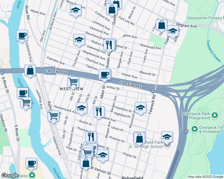 map of restaurants, bars, coffee shops, grocery stores, and more near 31 Edwin Street in Ridgefield Park
