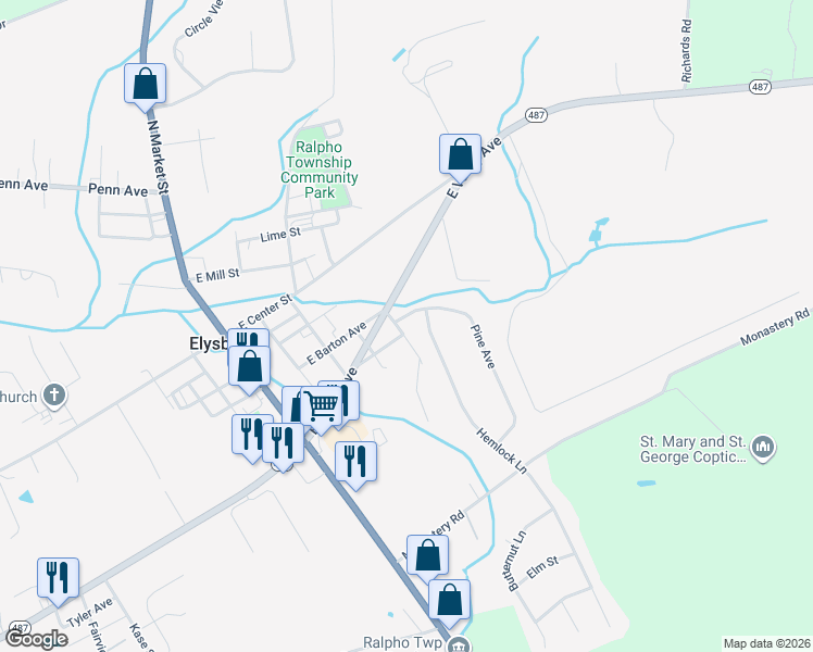 map of restaurants, bars, coffee shops, grocery stores, and more near 2 Pine Avenue in Elysburg