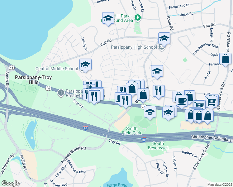 map of restaurants, bars, coffee shops, grocery stores, and more near 1442a U.S. 46 in Parsippany-Troy Hills