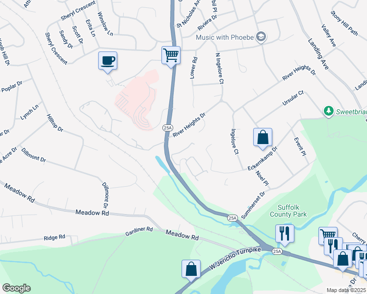 map of restaurants, bars, coffee shops, grocery stores, and more near 6 Stone Gate Court in Smithtown