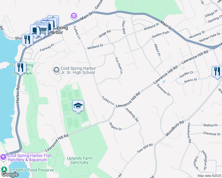 map of restaurants, bars, coffee shops, grocery stores, and more near 143 Turkey Lane in Cold Spring Harbor