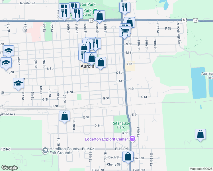 map of restaurants, bars, coffee shops, grocery stores, and more near 1404 H Street in Aurora