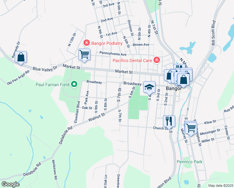 map of restaurants, bars, coffee shops, grocery stores, and more near 724 Chestnut Street in Bangor