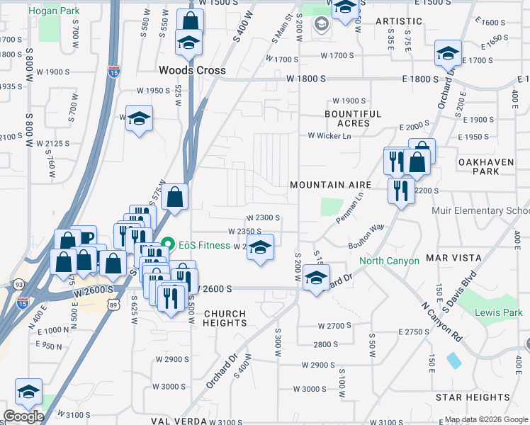 map of restaurants, bars, coffee shops, grocery stores, and more near 304 West 2300 South in Bountiful