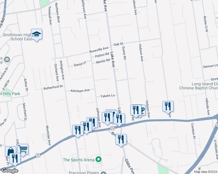 map of restaurants, bars, coffee shops, grocery stores, and more near 104 Lake Avenue in St. James