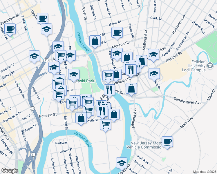 map of restaurants, bars, coffee shops, grocery stores, and more near 197 River Drive in Garfield