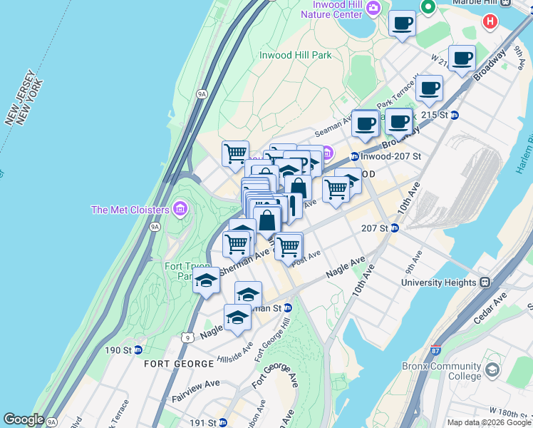 map of restaurants, bars, coffee shops, grocery stores, and more near 11 Vermilyea Avenue in New York