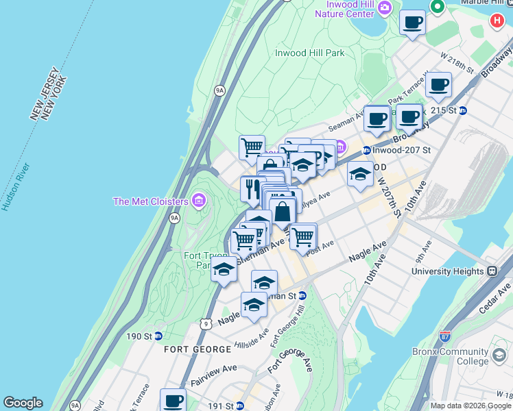 map of restaurants, bars, coffee shops, grocery stores, and more near Broadway & Thayer St in New York