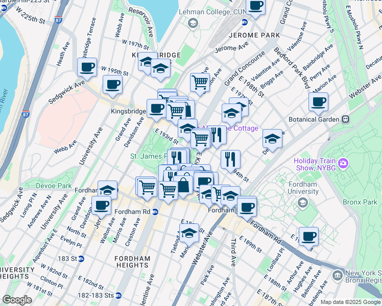 map of restaurants, bars, coffee shops, grocery stores, and more near 2640 Grand Concourse in Bronx
