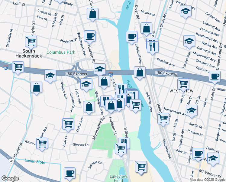 map of restaurants, bars, coffee shops, grocery stores, and more near 32 Pulaski Place in Hackensack