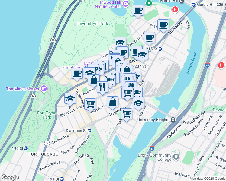 map of restaurants, bars, coffee shops, grocery stores, and more near Sherman Ave & W 204th St in New York