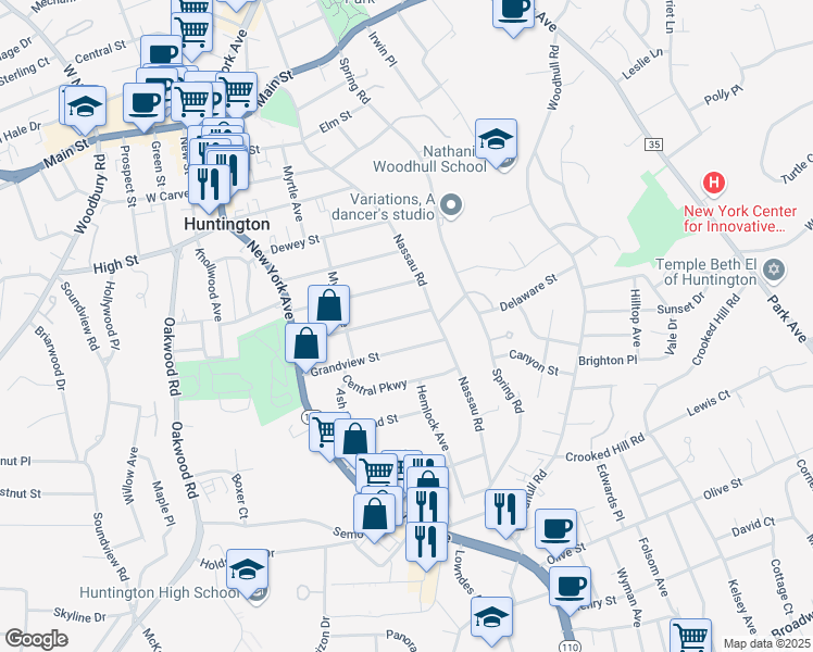 map of restaurants, bars, coffee shops, grocery stores, and more near 77 Grandview Street in Huntington