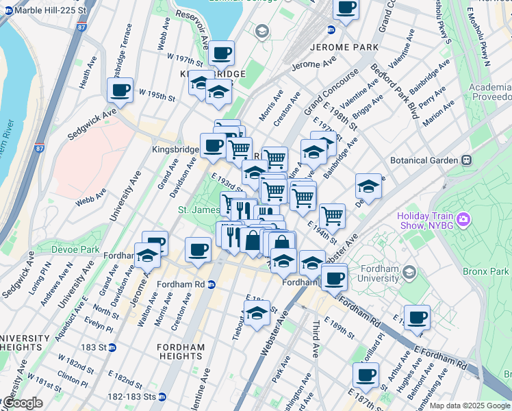 map of restaurants, bars, coffee shops, grocery stores, and more near in The Bronx