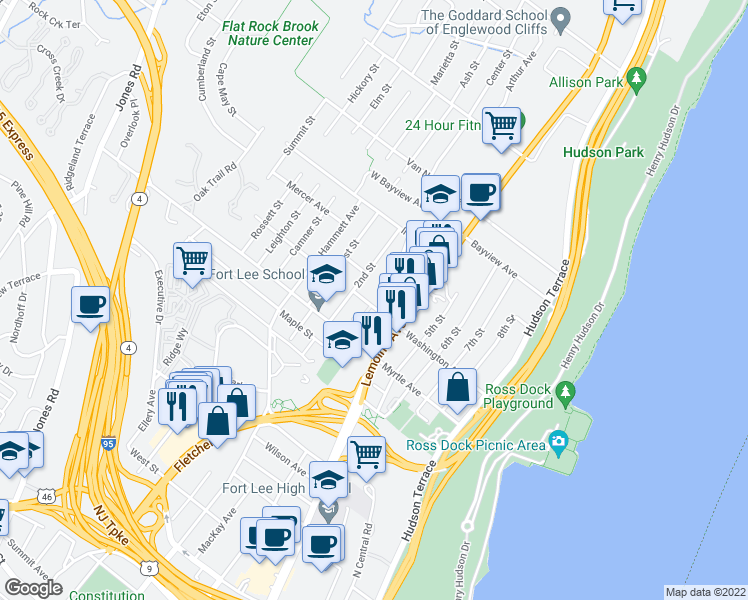 map of restaurants, bars, coffee shops, grocery stores, and more near 234A Washington Avenue in Fort Lee