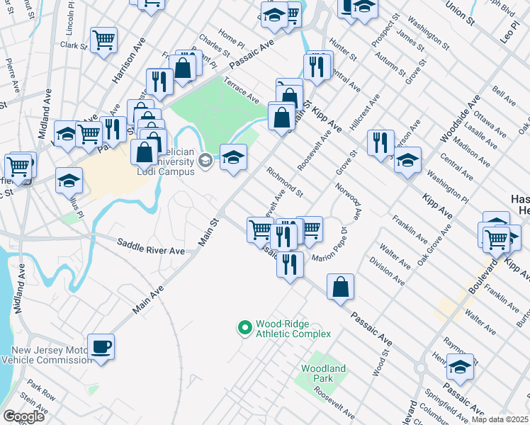 map of restaurants, bars, coffee shops, grocery stores, and more near 233 Roosevelt Avenue in Lodi
