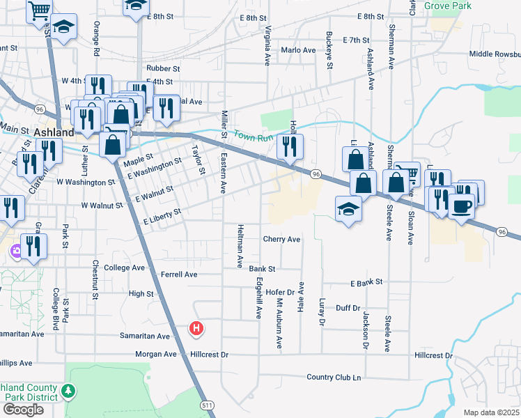 map of restaurants, bars, coffee shops, grocery stores, and more near 527 Edgehill Avenue in Ashland