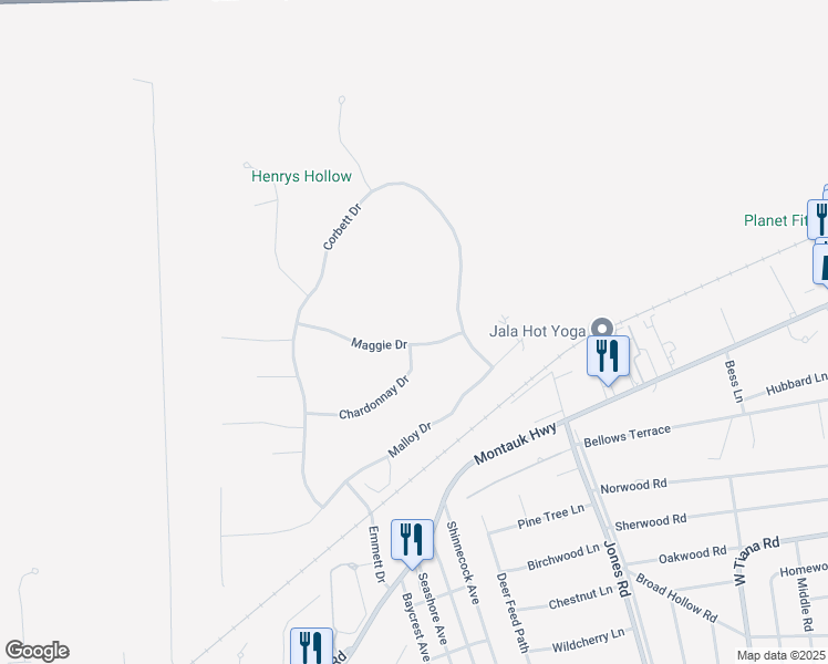 map of restaurants, bars, coffee shops, grocery stores, and more near 140 Maggie Drive in East Quogue