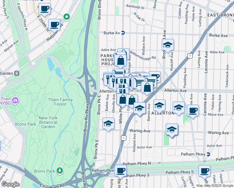 map of restaurants, bars, coffee shops, grocery stores, and more near 696 Allerton Avenue in Bronx