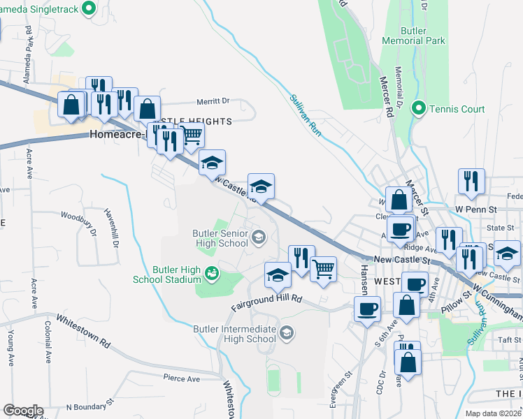 map of restaurants, bars, coffee shops, grocery stores, and more near 120 Campus Lane in Butler