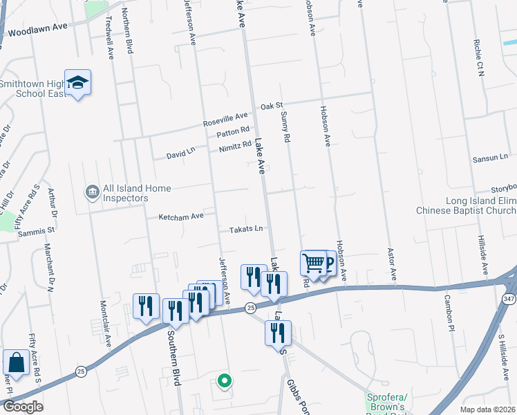 map of restaurants, bars, coffee shops, grocery stores, and more near 104 Lake Avenue in Saint James