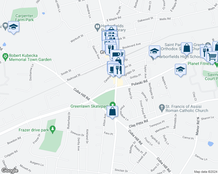 map of restaurants, bars, coffee shops, grocery stores, and more near 486 Pulaski Road in Greenlawn