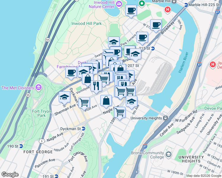 map of restaurants, bars, coffee shops, grocery stores, and more near 199 Sherman Avenue in New York