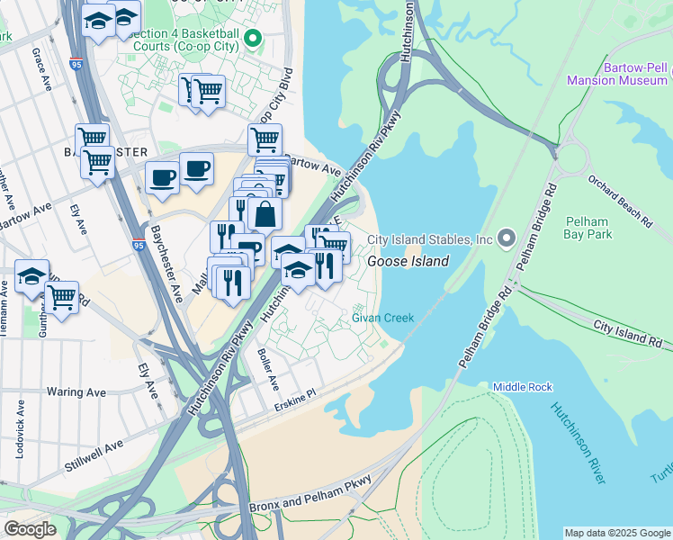 map of restaurants, bars, coffee shops, grocery stores, and more near 120 Einstein Loop in Bronx