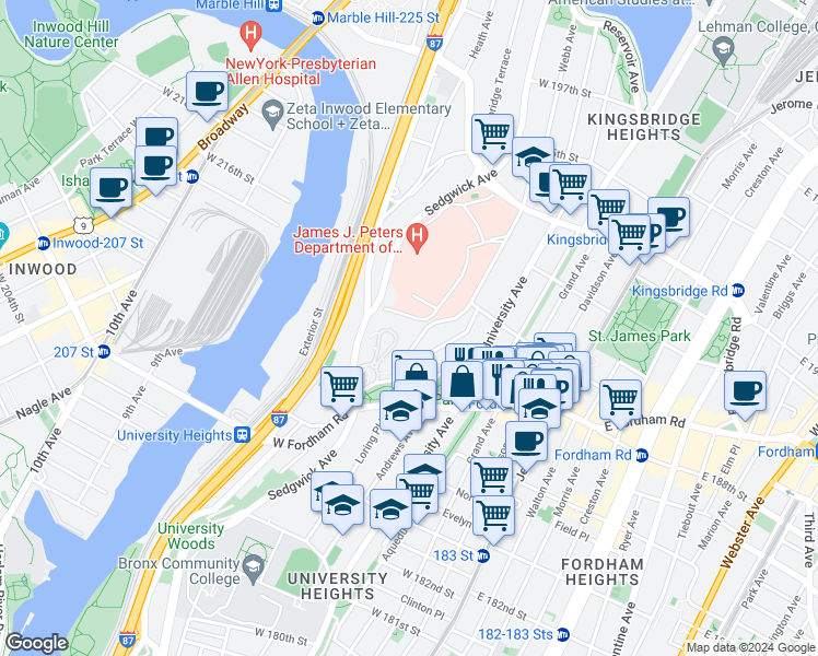map of restaurants, bars, coffee shops, grocery stores, and more near 2420 Webb Avenue in Bronx