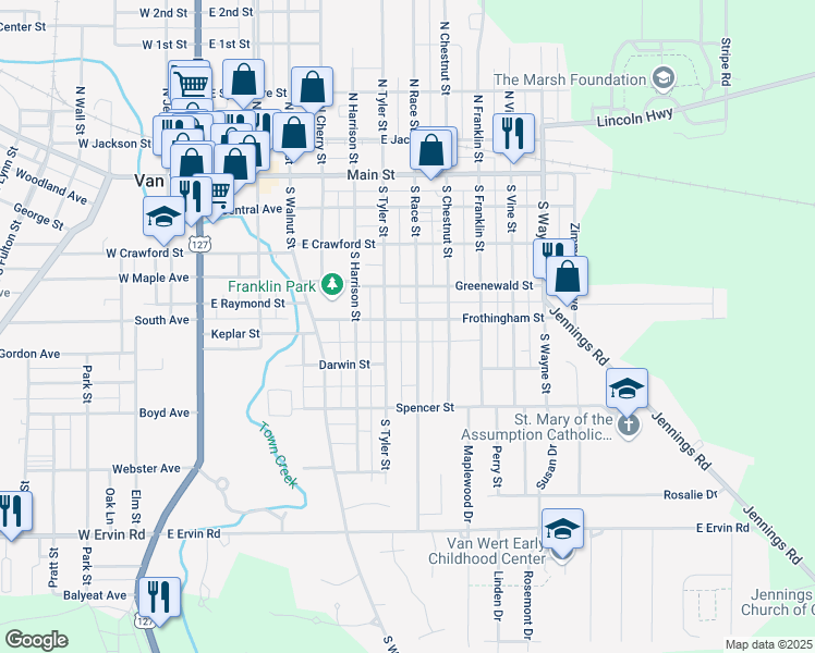map of restaurants, bars, coffee shops, grocery stores, and more near 527 South Race Street in Van Wert