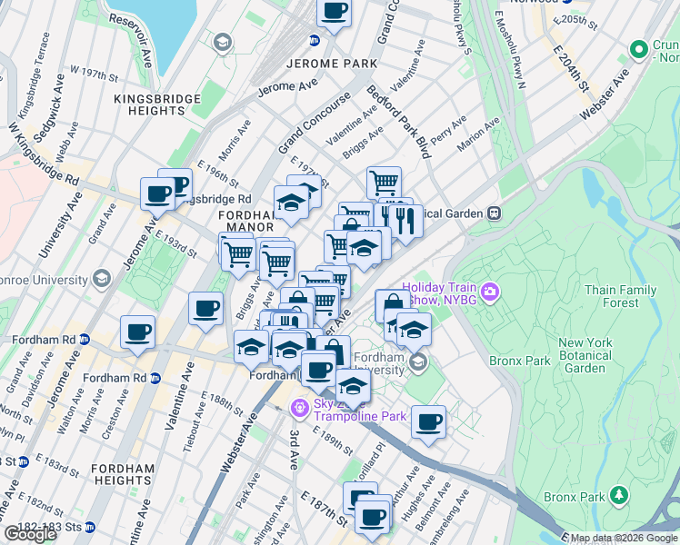 map of restaurants, bars, coffee shops, grocery stores, and more near in The Bronx