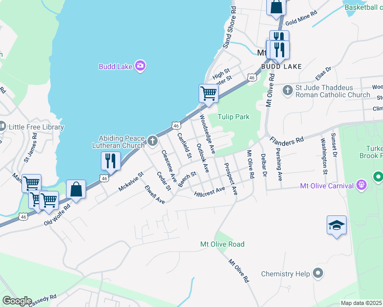 map of restaurants, bars, coffee shops, grocery stores, and more near 17 Canfield Street in Mount Olive Township