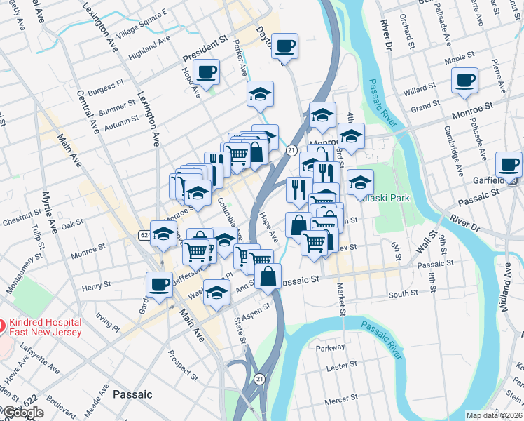 map of restaurants, bars, coffee shops, grocery stores, and more near 68 Jefferson Street in Passaic