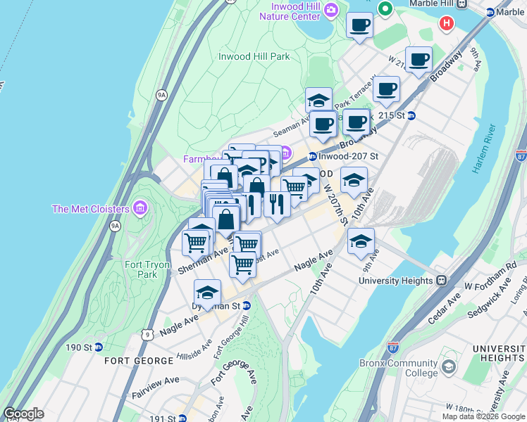 map of restaurants, bars, coffee shops, grocery stores, and more near 621 Academy Street in New York