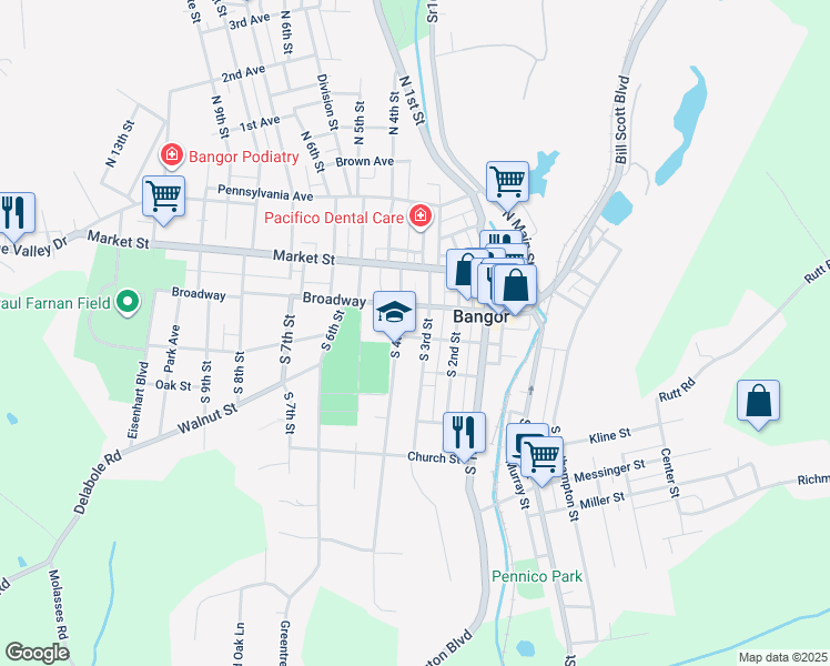 map of restaurants, bars, coffee shops, grocery stores, and more near 309 Chestnut Street in Bangor