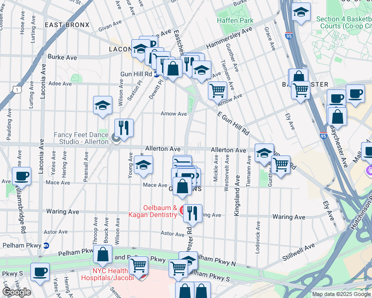 map of restaurants, bars, coffee shops, grocery stores, and more near Allerton Avenue & Eastchester Road in Bronx