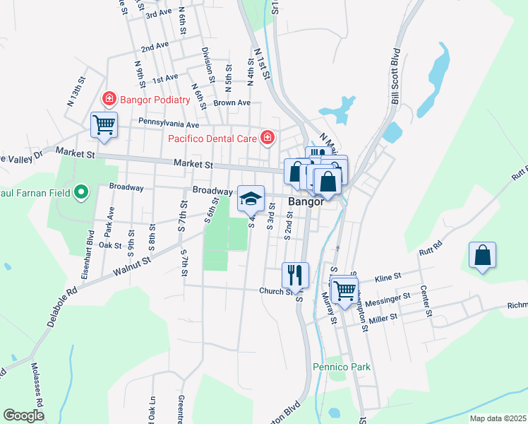 map of restaurants, bars, coffee shops, grocery stores, and more near 309 Chestnut Street in Bangor