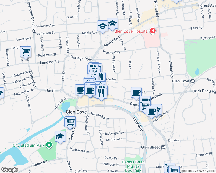 map of restaurants, bars, coffee shops, grocery stores, and more near 61 Glen Street in Glen Cove