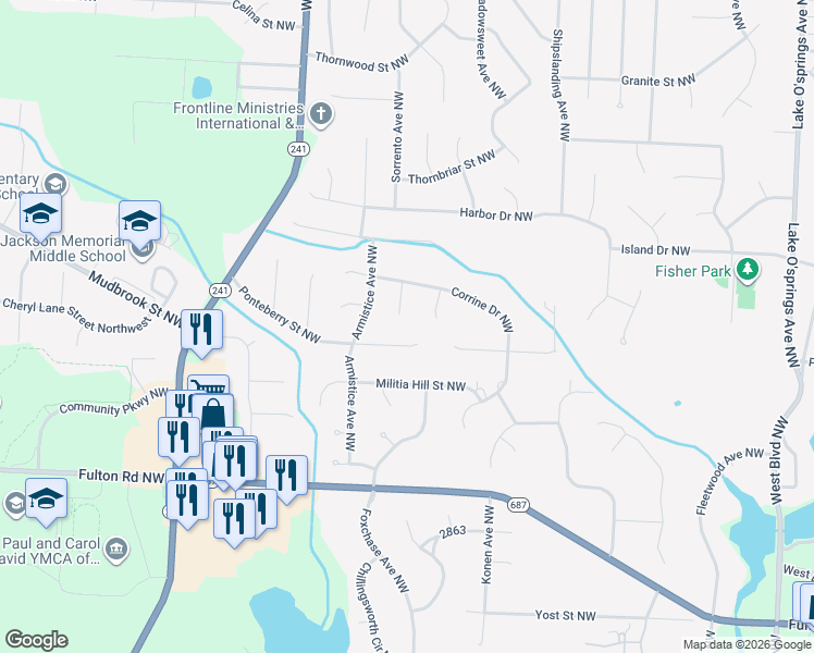 map of restaurants, bars, coffee shops, grocery stores, and more near 5820 Kildare Circle Northwest in Canton