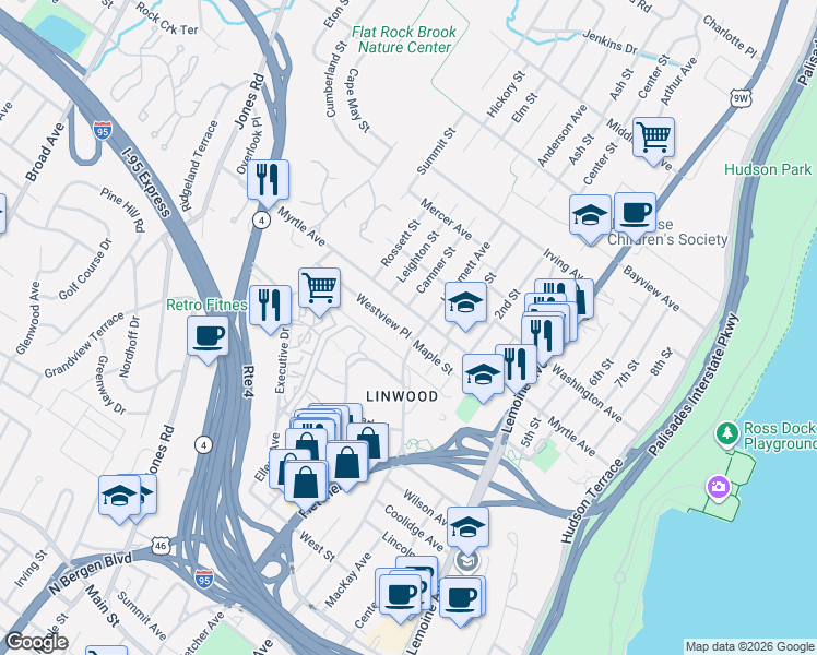 map of restaurants, bars, coffee shops, grocery stores, and more near 415 Grandview Place in Fort Lee