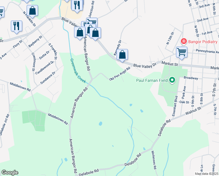 map of restaurants, bars, coffee shops, grocery stores, and more near 75 Old Pen Argyl Road in Bangor