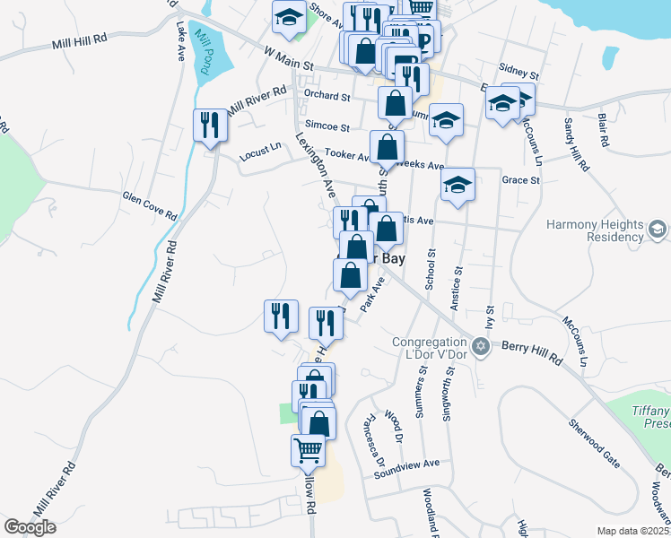 map of restaurants, bars, coffee shops, grocery stores, and more near 54 Pine Hollow Road in Oyster Bay