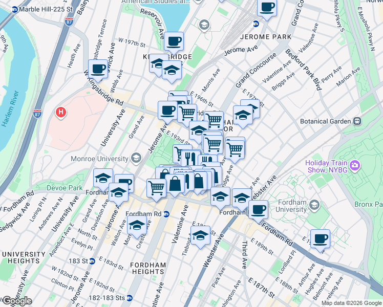 map of restaurants, bars, coffee shops, grocery stores, and more near 2585 Grand Concourse in Bronx