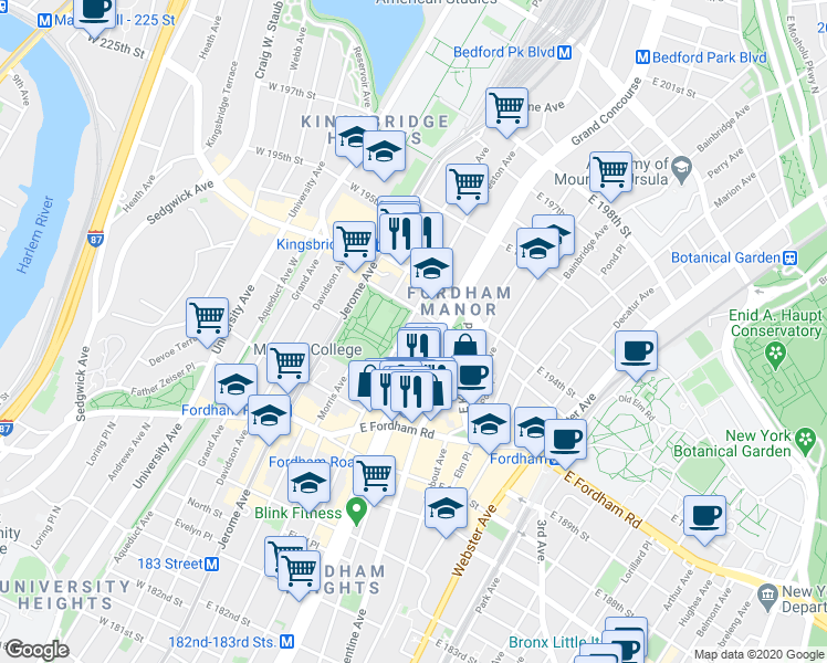 map of restaurants, bars, coffee shops, grocery stores, and more near 2585 Grand Concourse in Bronx